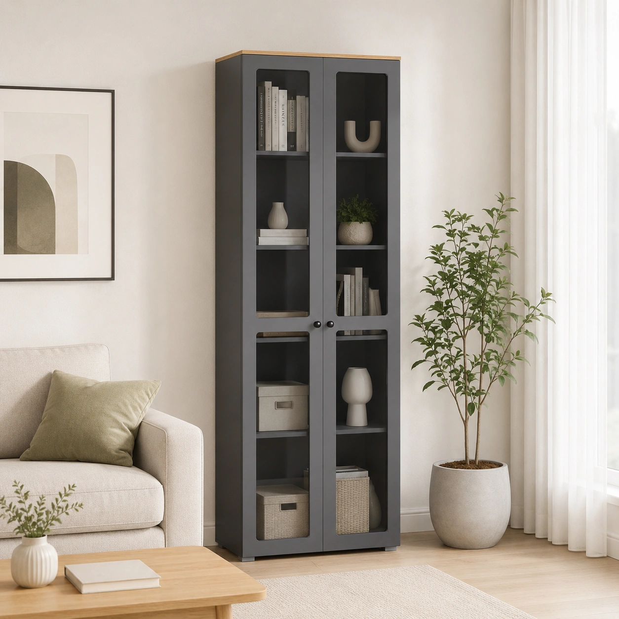 Остин Шкаф-витрина 16.394.02(Серый Графит 0162 РЕ, Дуб Золотой CRAFT, графит ZB 856-2 ПВХ)